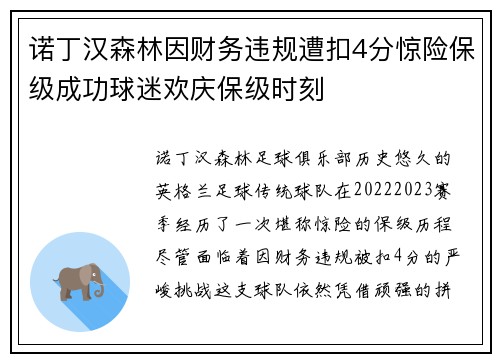 诺丁汉森林因财务违规遭扣4分惊险保级成功球迷欢庆保级时刻